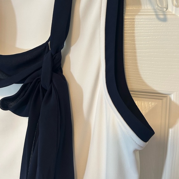 Karl Lagerfeld Tank Top Split Hem White Navy Small Neck Tie Loose Fit Stretch - Picture 12 of 13